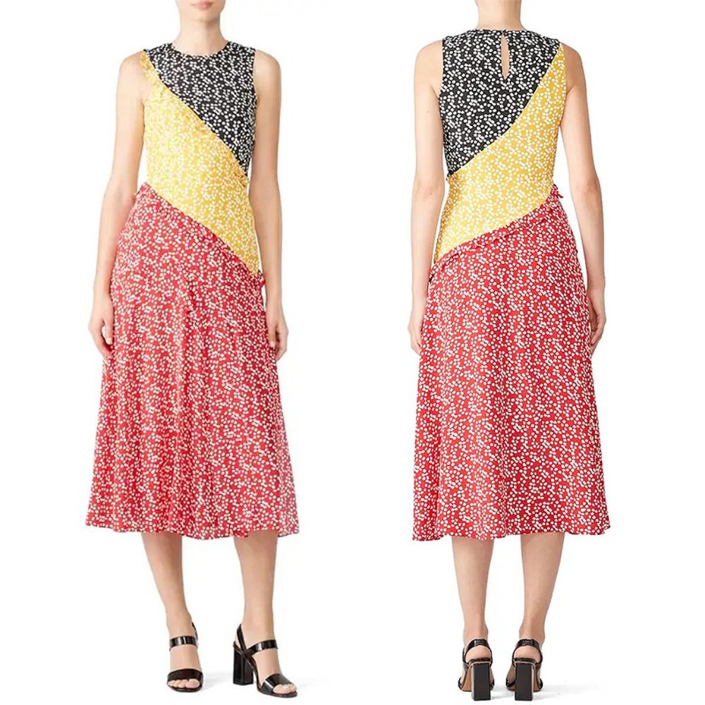 SALONI Agnes Multicolor Silk Crepe Dress 4 Tiered Ruffle Sleeveless Midi Small
